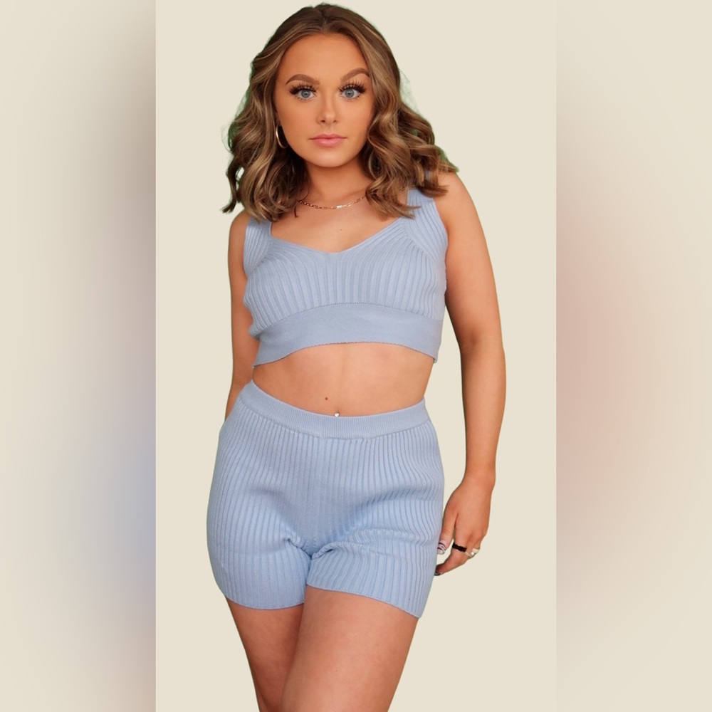 Women's Blue Ribbed Knit Sleepwear Set